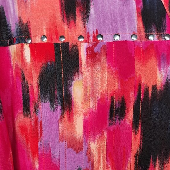 NWT Cocomo Plus Size 1X Pink Multicolor Geo Print Studded Pintuck 3/4 Sleeve Top - Picture 3 of 8